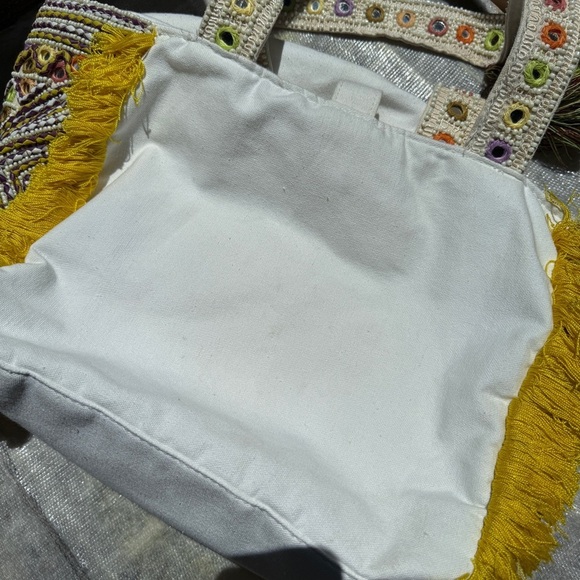 Antik Batik Bohemian Yellow and Cream Beaded Embellished Tote Bag - Picture 15 of 16